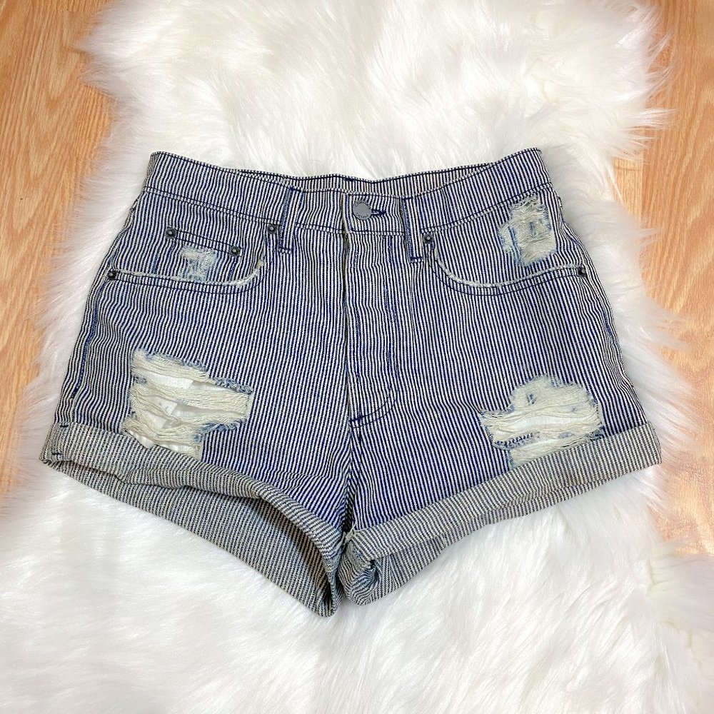 LF Pinstripe Ripped Denim Roll Up Shorts